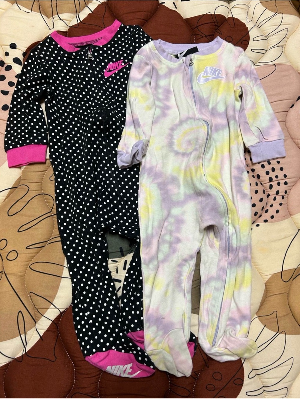 Lot of 2 Nike One-Piece Sleepers - Black Polka Dot & Pastel Tie-Dye